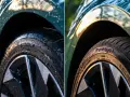 Comparaison de deux pneus Norauto Prevensys 5, l'un mouillé, l'autre sec.
