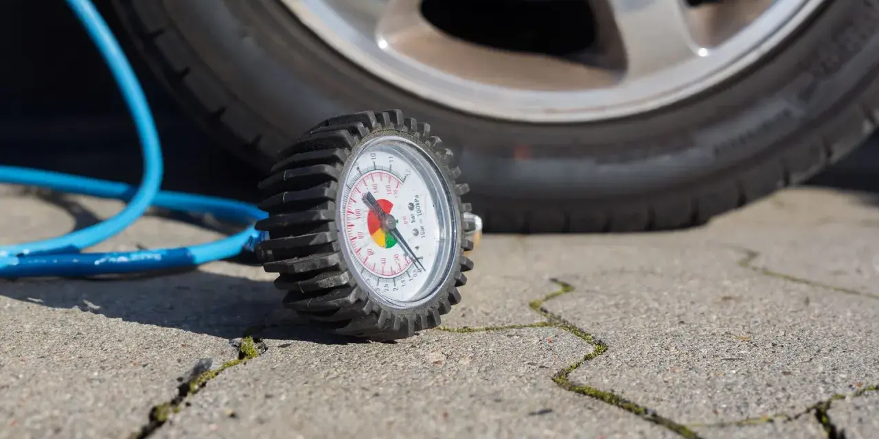 Manomètre de pression des pneus à côté d'une roue de voiture et d'un tuyau bleu.