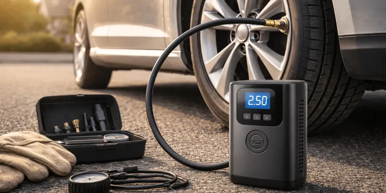 Gonfleur de pneu de voiture, manomètre, gants et kit d'embouts sur le sol, près d'une roue de voiture.