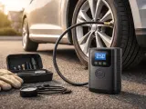 Gonfleur de pneu de voiture, manomètre, gants et kit d'embouts sur le sol, près d'une roue de voiture.