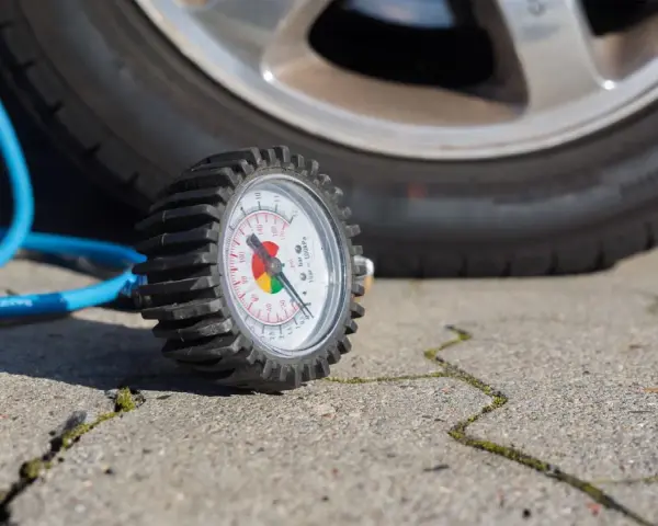 Manomètre de pression des pneus à côté d'une roue de voiture et d'un tuyau bleu.
