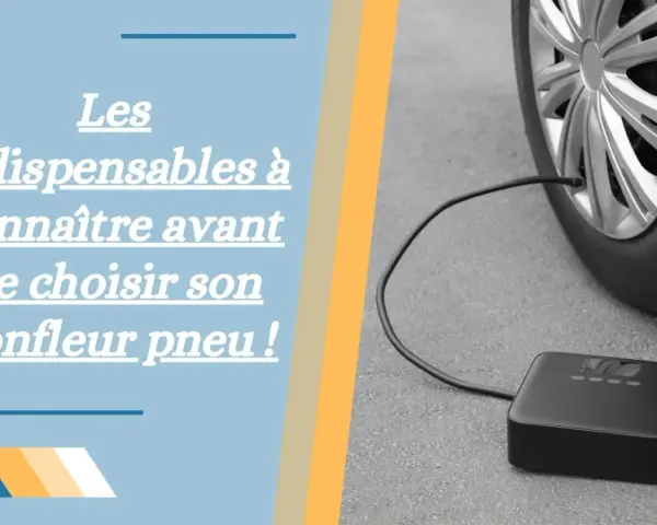 Gonfleur de pneu noir connecté à une roue de voiture sur fond gris.