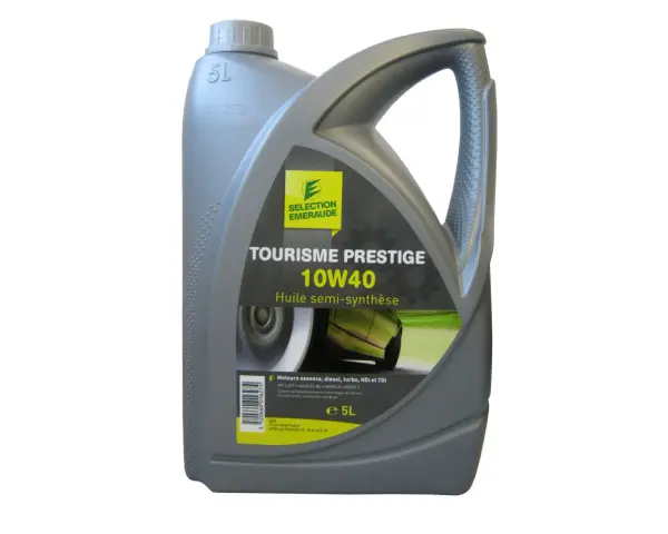 Bidon d'huile moteur 10W40 "Tourisme Prestige" de 5L, marque "Sélection Émeraude".