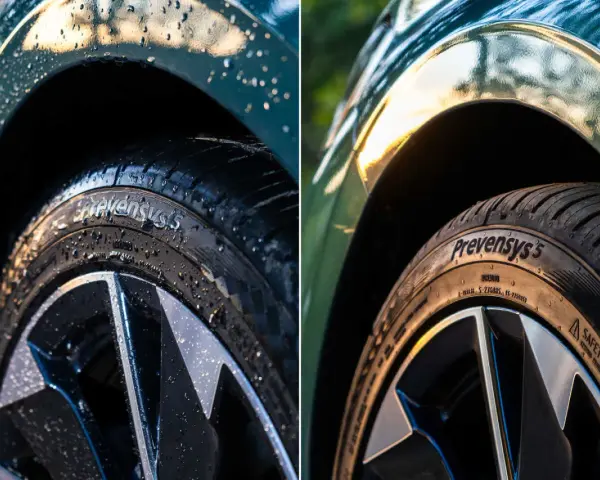 Comparaison de deux pneus Norauto Prevensys 5, l'un mouillé, l'autre sec.