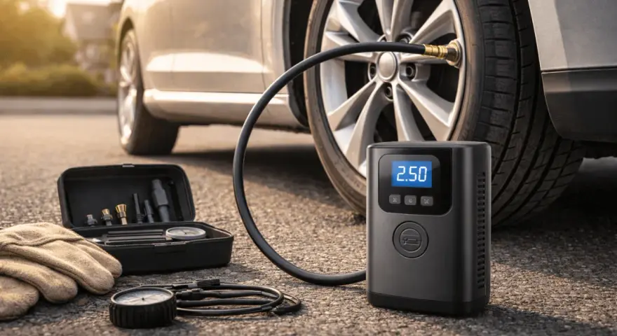 Gonfleur de pneu de voiture, manomètre, gants et kit d'embouts sur le sol, près d'une roue de voiture.
